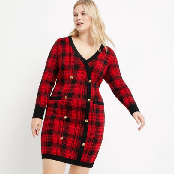 Eloquii Red and Black Plaid Long Sleeve Dress - Picture 3 of 4